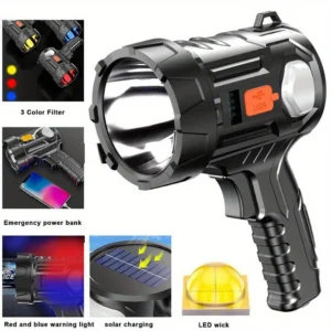 Solar/USB Rechargeable LED Spotlight Flashlight Searchlight 3000LM Bright